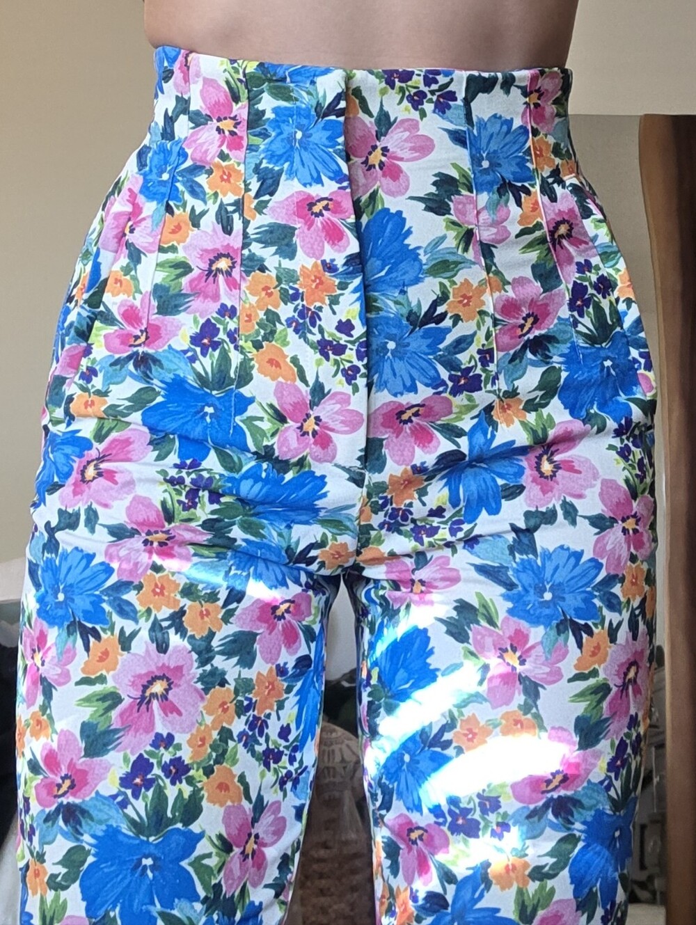 Zara High-Waist Floral Women’s Pleated Pants - Blue & Pink